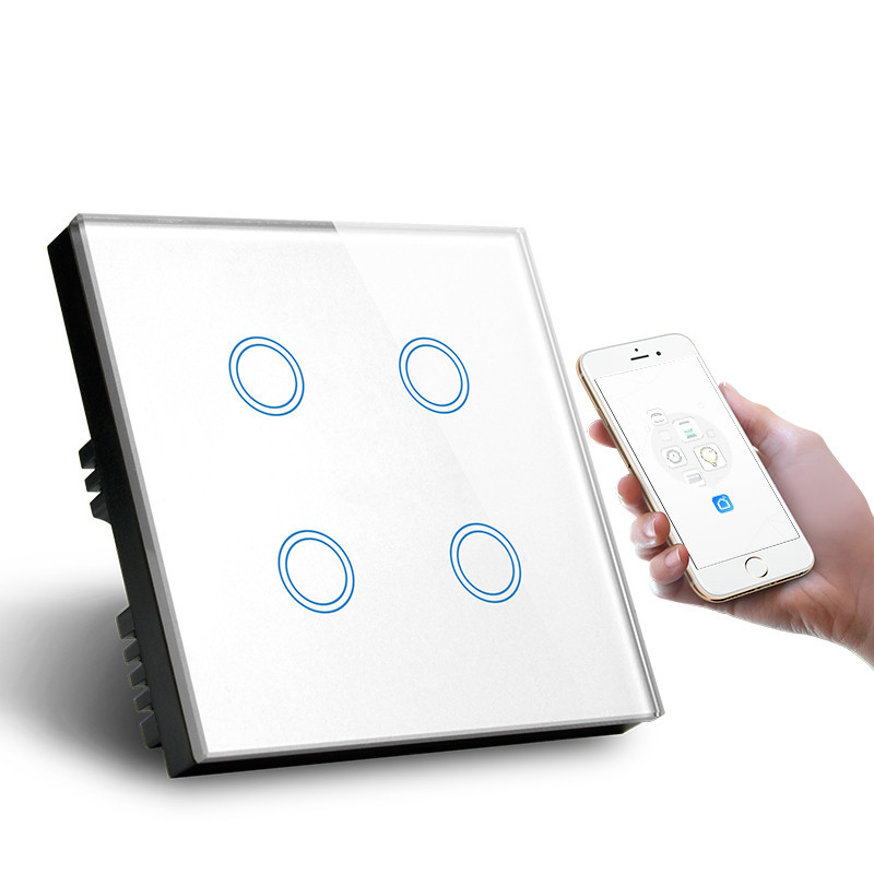 WiFi Smart Light Switch Touch Screen 4 Gang Alexa Voice Control Wall Wifi Tuya Switch 1000W Crystal Glass Panel With Power Statistics Function