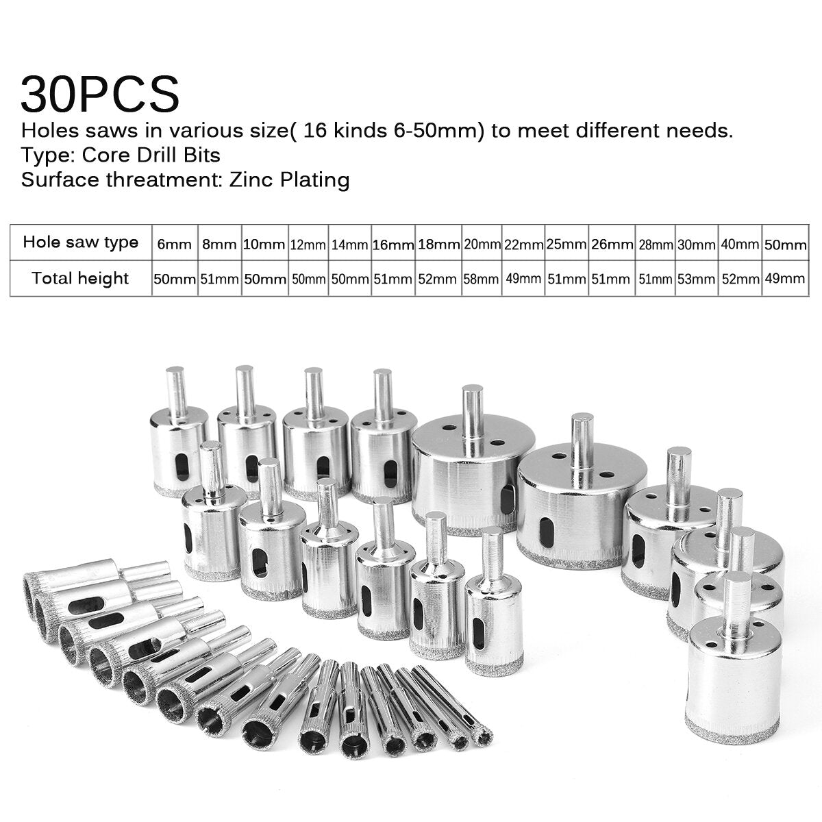 8/14/15/16/30Pcs 6mm-70mm Diamond Coated Drill Bit Set Tile Marble Glass Ceramic Hole Saw Drilling Bits For Power Tools