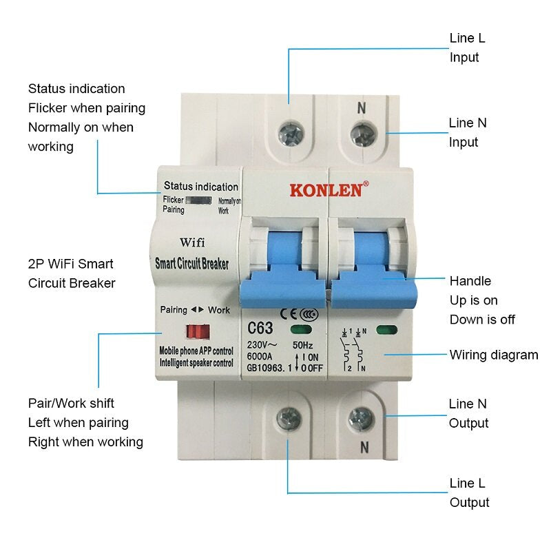 WIFI Smart 2P 63A 220V Circuit Breaker Electrical Energy Meter Power Air Switch Timer Works with Google Alexa