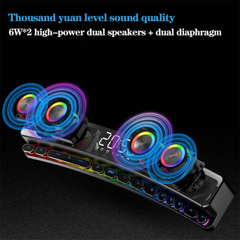 Bluetooth Wireless Game Speaker Soundbar USB 3D Stereo Subwoofer AUX FM Home Clock Indoor Sound Bar Computer Loudspeaker