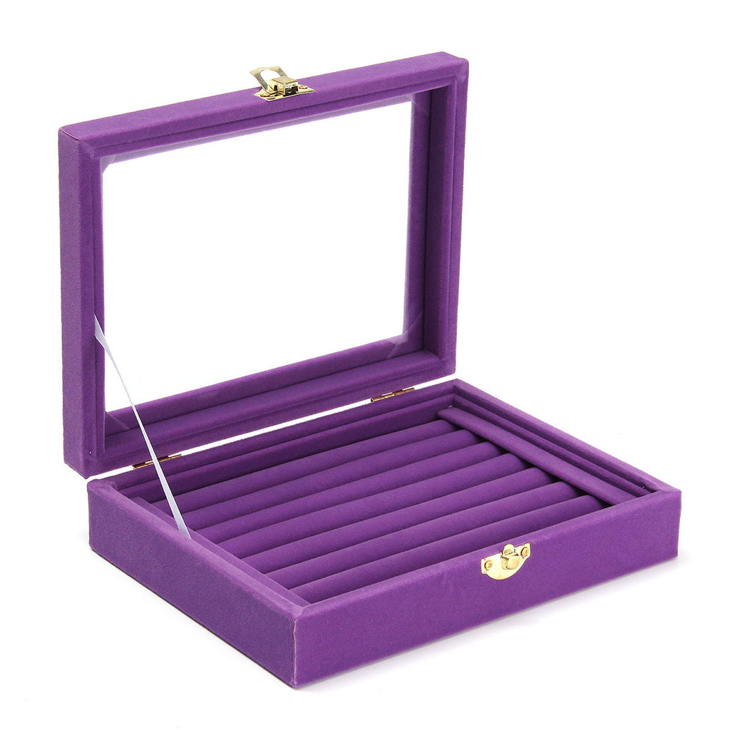 Jewelry Velvet Wood Ring Display Organizer Case Tray Holder Earring Storage Box