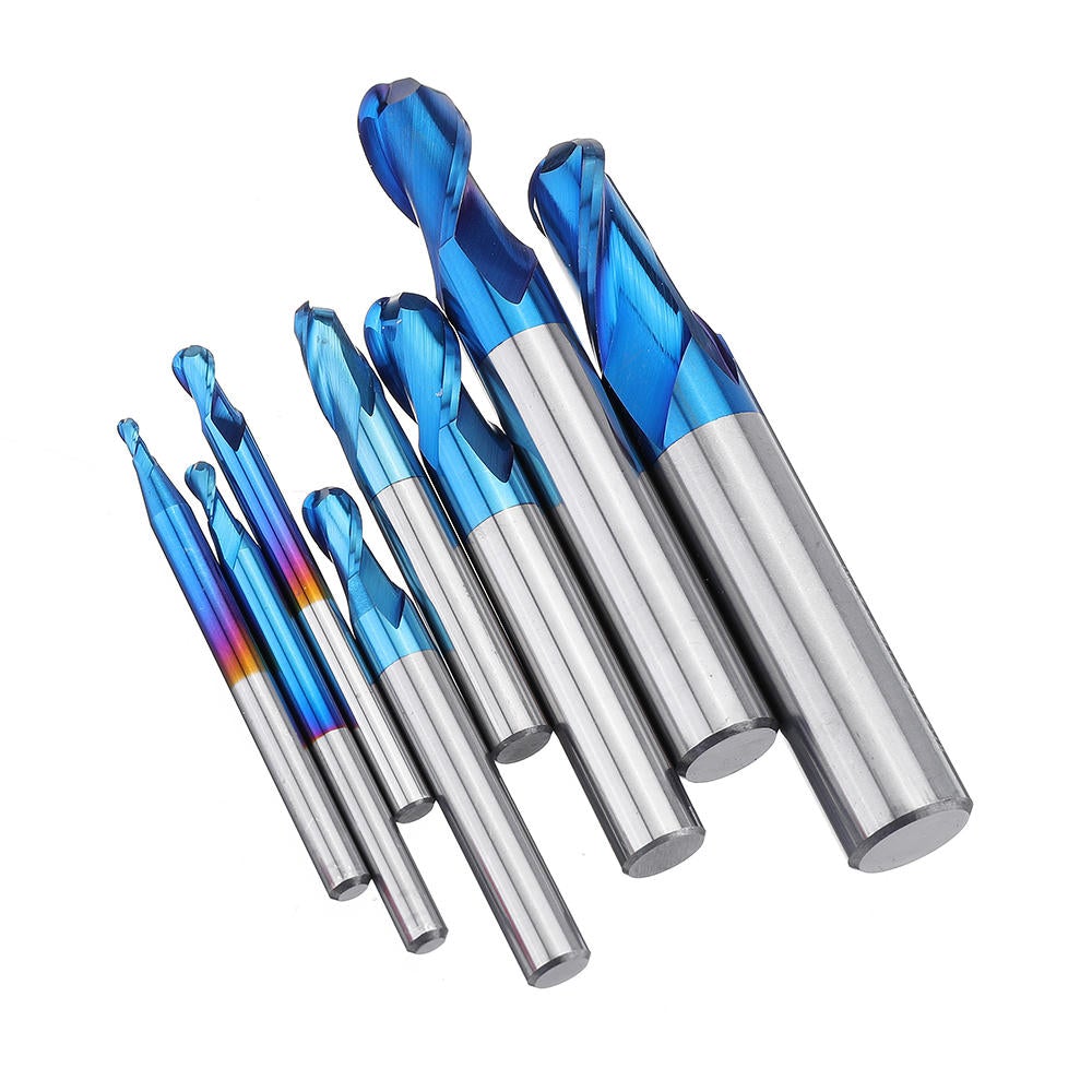 8PCS HRC55 Blue Nano Tungsten Carbide Ball Nose End Mill Set R1-R6 Milling Cutter CNC Router Bits