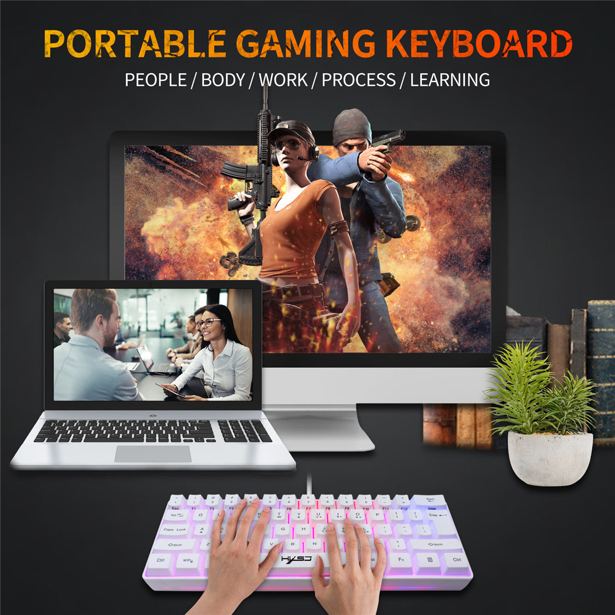 61 Keys Gaming Keyboard USB Wired LED Backlit Multiple Shortcut Keys Mini Mechanical Feel Keyboard for Home Office