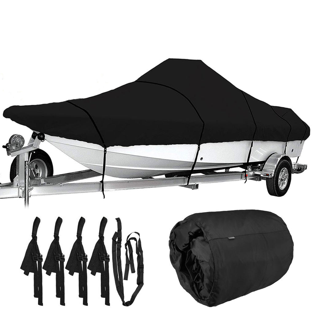 210D Heavy Duty Marine Grade Boat Cover Anti-Smashing Waterproof Trailerable V-hull Fishing Ski Bass Runabouts Black