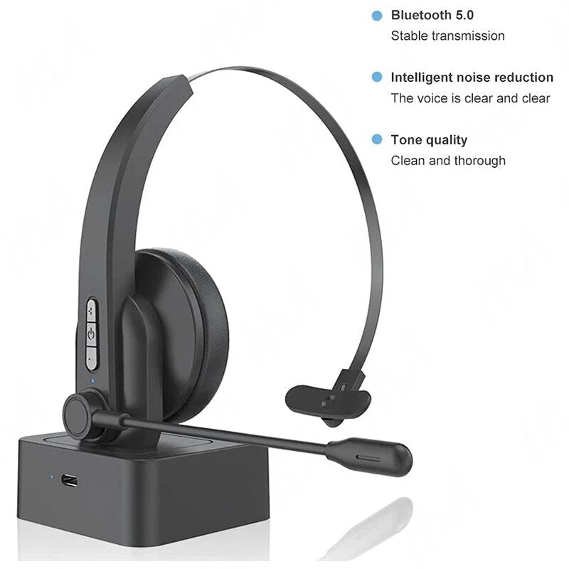 Single Ear Headset Bluetooth Headphone Noise Cancelling Head-mounted Headphone with Microphone for Cell Phones PC Tablet