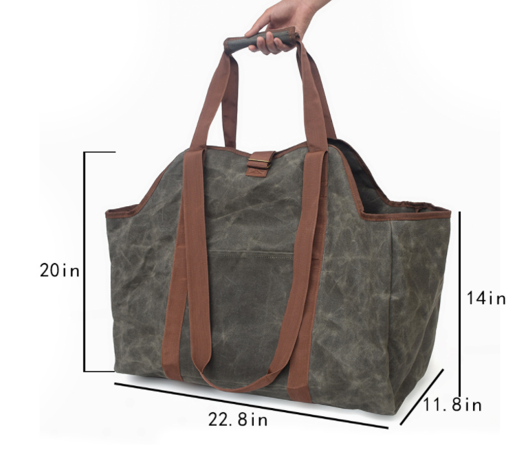 Large Firewood Bag Wax Canvas Log Carrier Tote with Pocket