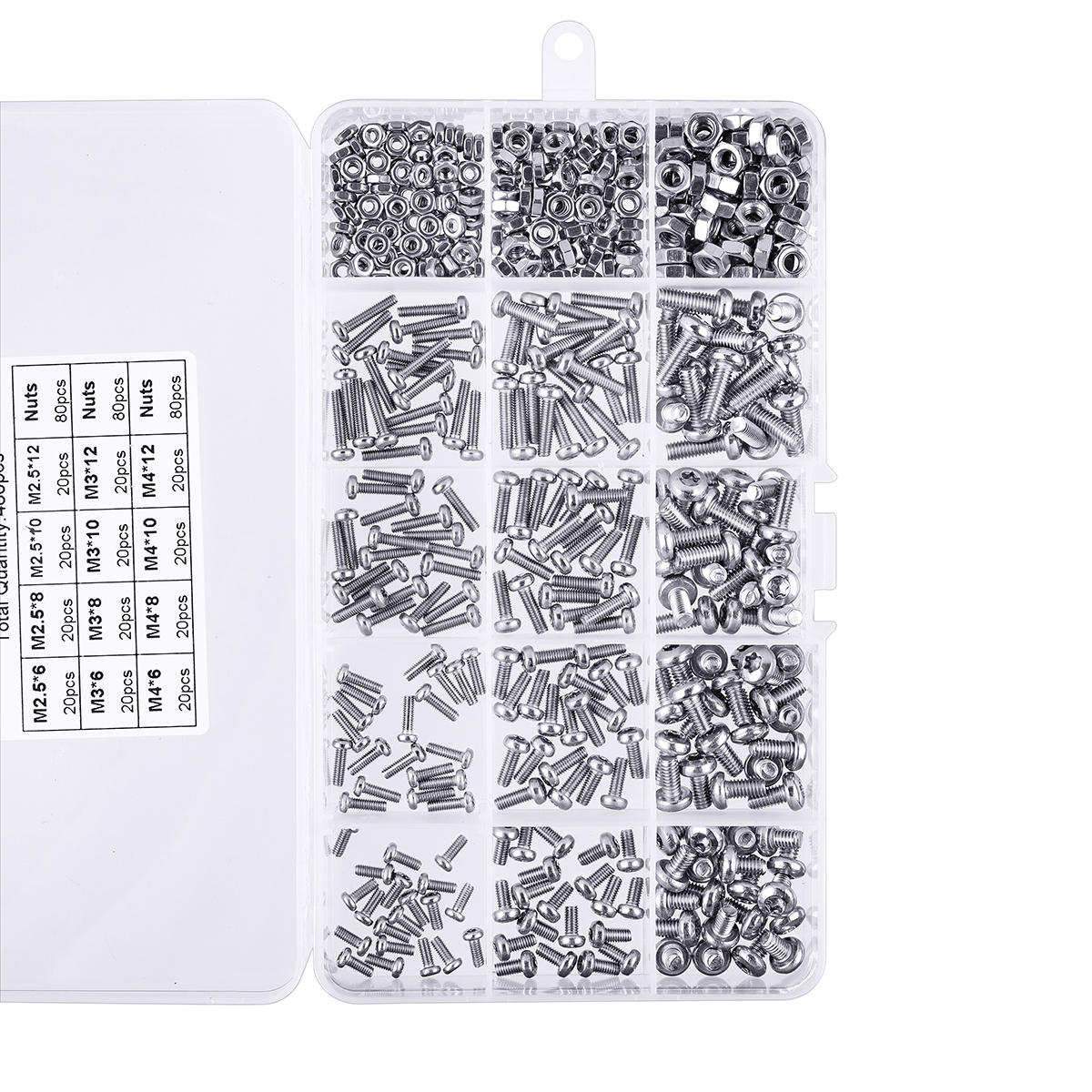 480Pcs M2.5/M3/M4 Torx Machine Screw 304 Stainless Steel Pan Head Bolt Nut Assortment
