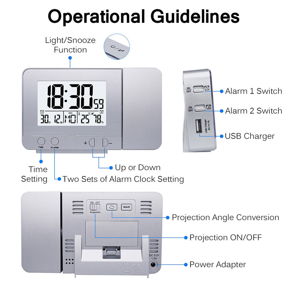 USB Electronic Projection Clock Wireless Color Screen Temperature & Humidity Weather Forecast Calendar Desktop Clock