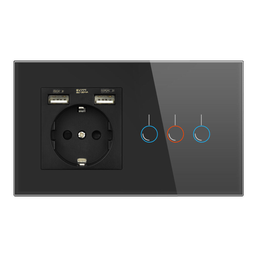 Touch Sensor Switch with Socket with USB Crystal Glass Panel Wall Socket with 3 Gang Light Switch 146*86mm 220V 16A