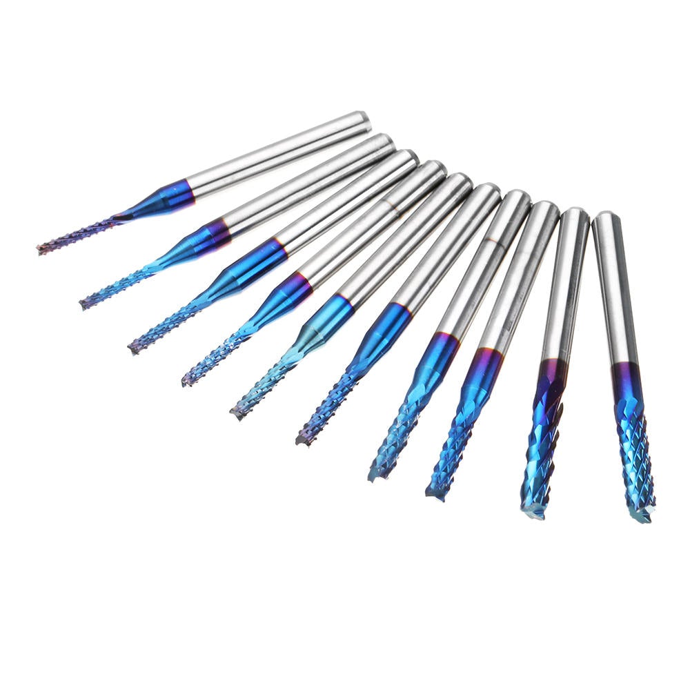 10pcs 1.3-3.175mm Blue NACO Coated PCB Bits Carbide Engraving Milling Cutter For CNC Tool Rotary Burrs