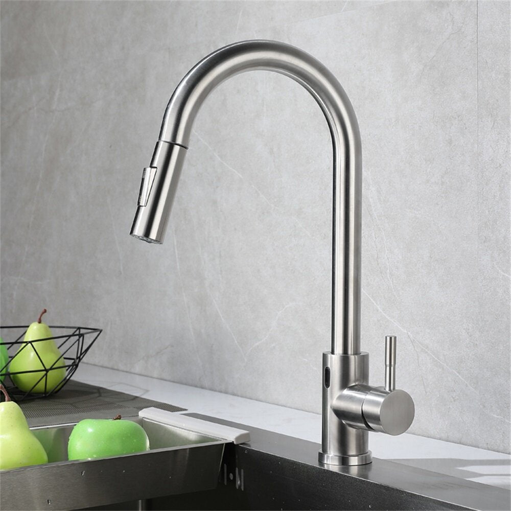 Touch Sensor Kitchen Sink Pull Out Faucet Stainless Steel With Down Sprayer Rotary Household Bathroom Hot And Cold Mixer Tap Inlet Pipe