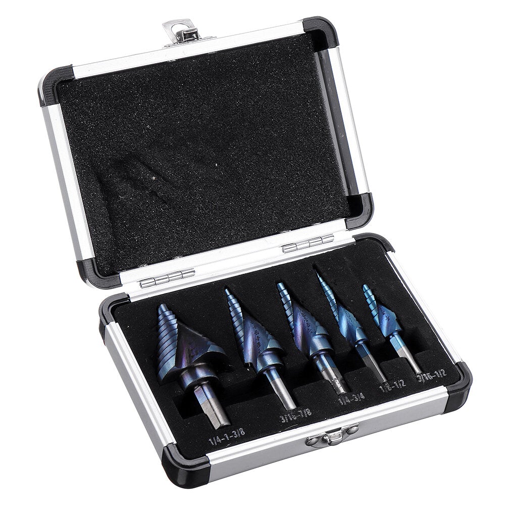 5pcs HSS Blue Nano Coating Step Drill Bit Set Spiral Flute Multiple Hole 1/8 to 1-3/8 Inch 50 Sizes with Aluminum Case or Opp Bag