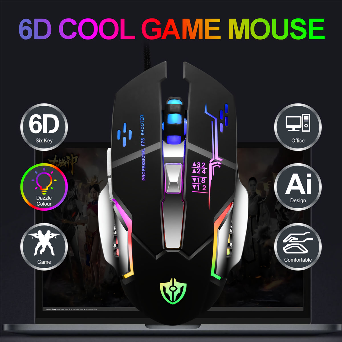 Wired Gaming Mouse Metal Base 800-3200DPI 4 Colors Breathing Backlight Ergonomic Home Office Mice for Desktop Computer Laptop PC