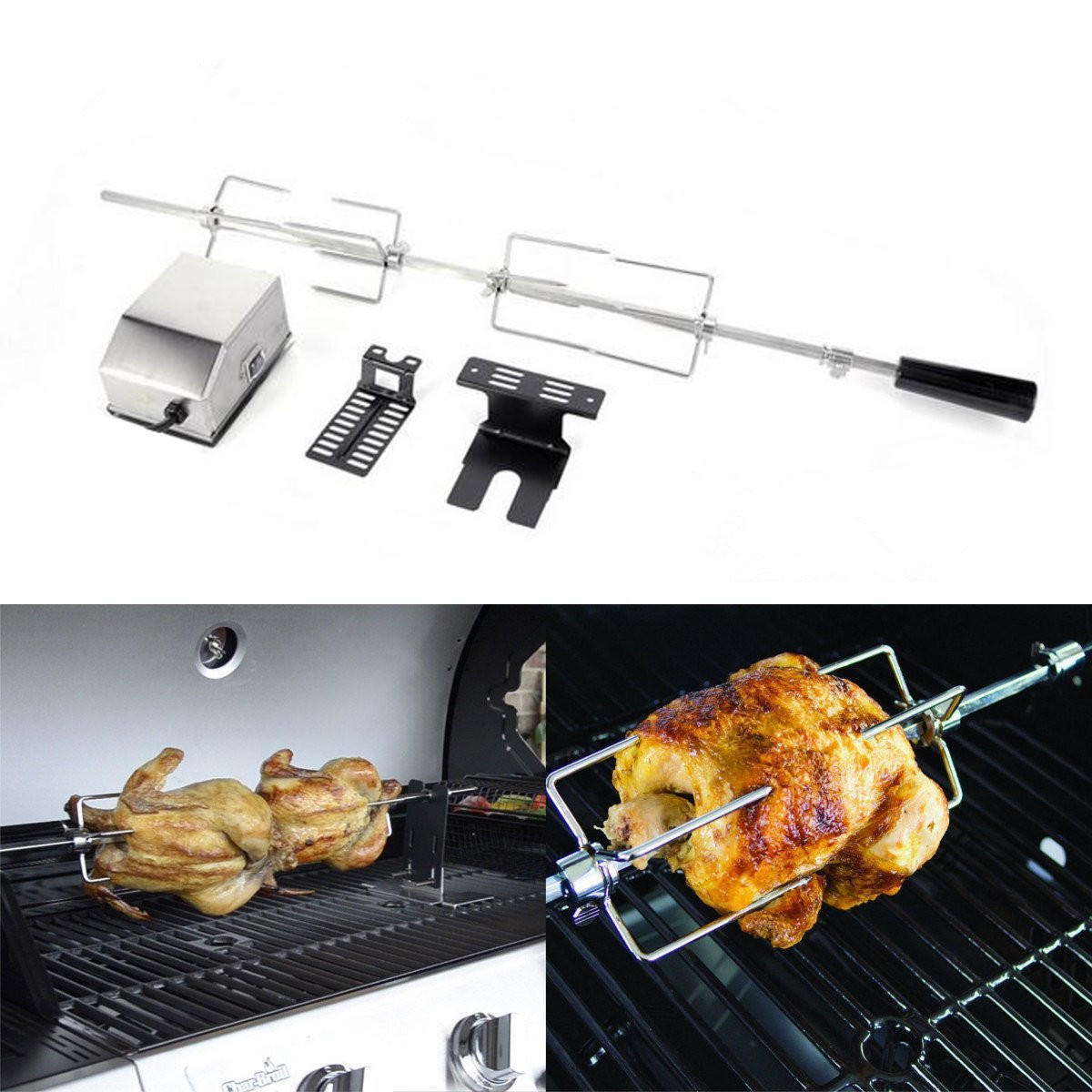 4W Stainless Steel Rotisserie BBQ Spit Rod Grill Roaster Camping BBQ Tools Set