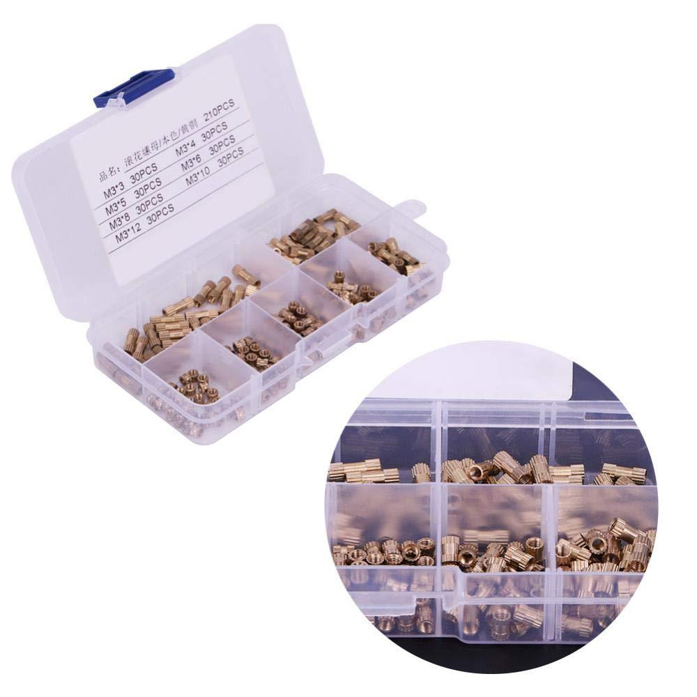 M3BN7 210Pcs M3 Brass Cylinder Knurled Threaded Round Insert Embedded Nut Assortment Set