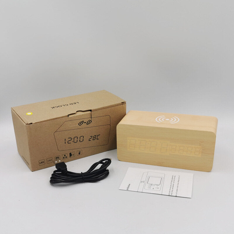 LED Digital Alarm Clock Creative Multi-functional Wireless Charging Wooden Snooze Clock