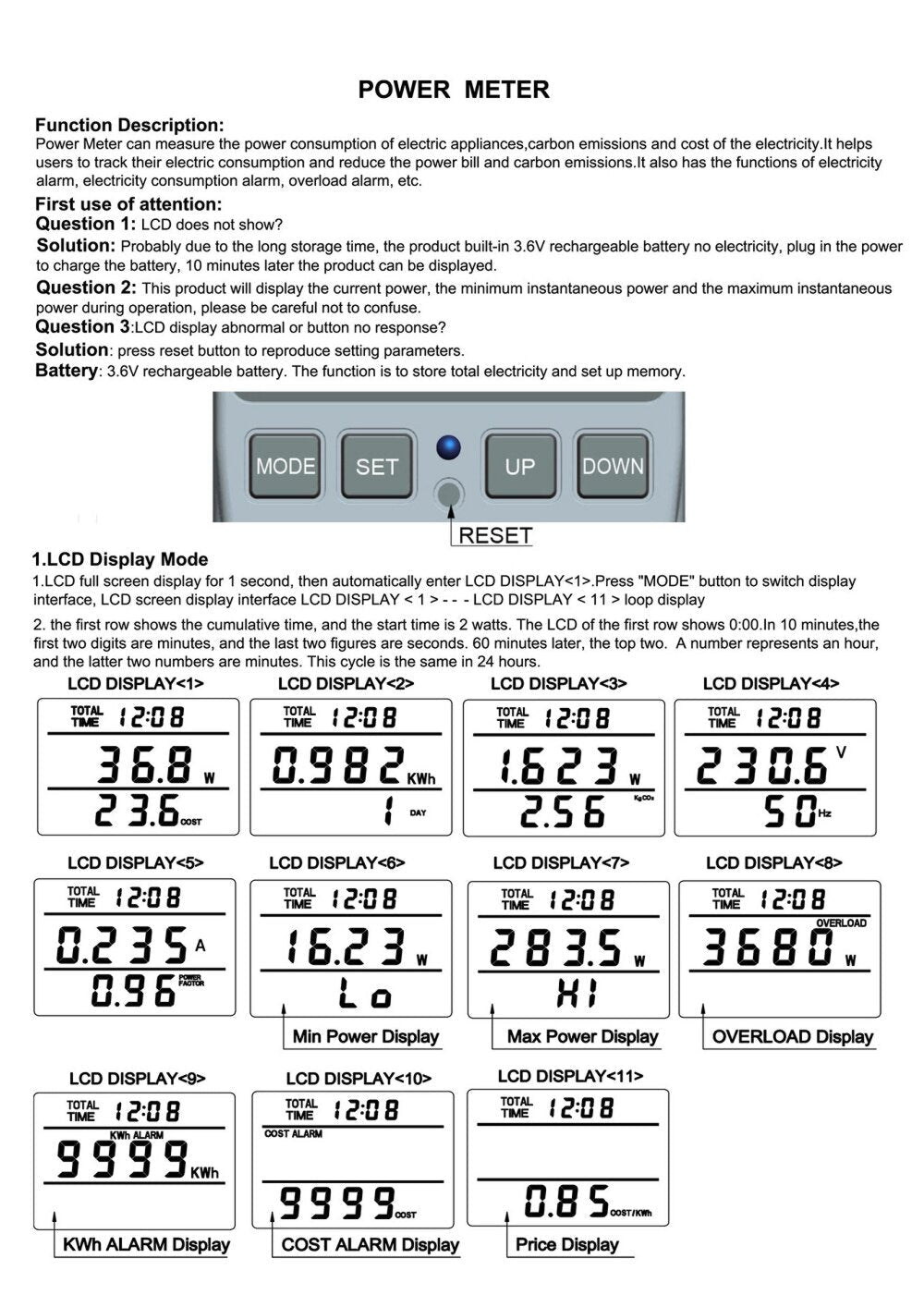 EU Plug Intelligent AC Power Meter Wattmeter Socket Billing Socket Power Monitor Overload Alarm