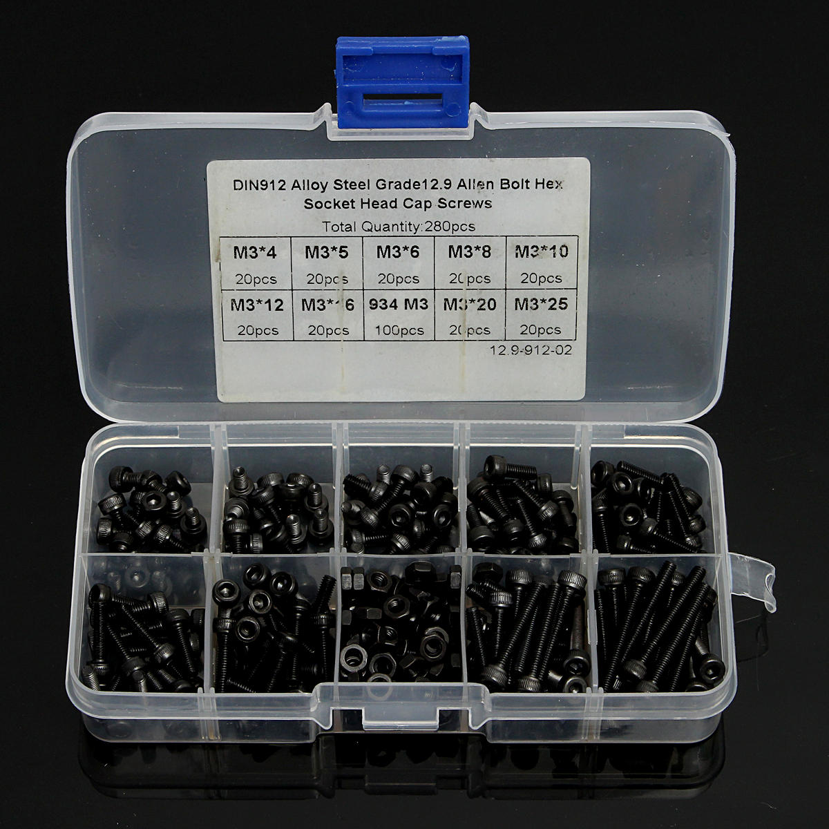 280pcs M3 Hex Socket Screws Allen Bolt Assortment with Nuts Grade 12.9 Alloy Steel