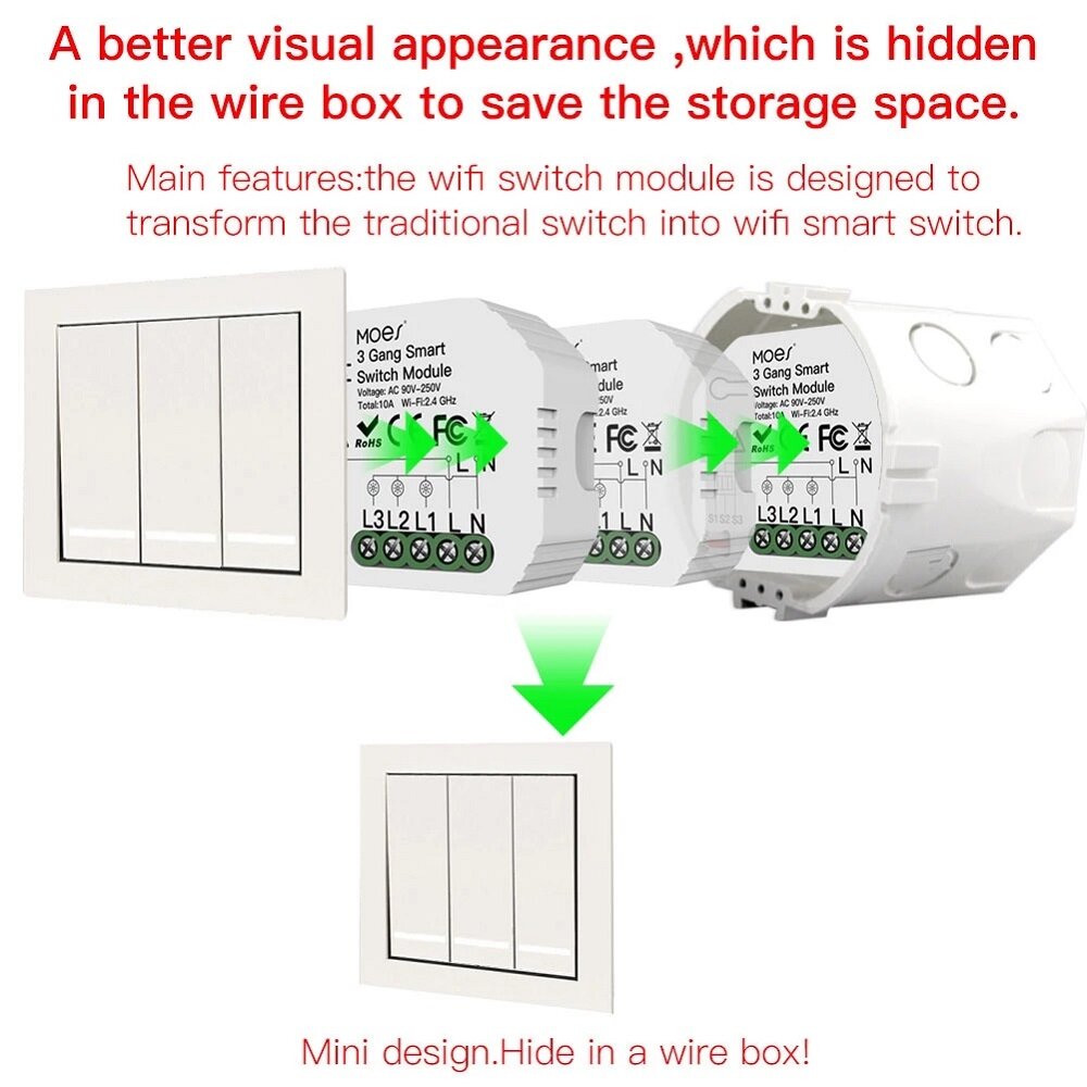 Mini WiFi Smart Light Switch 3 Gang 1/2 Way Module Smart Life/Tuya App Control Works with Amazon Alexa Google Home