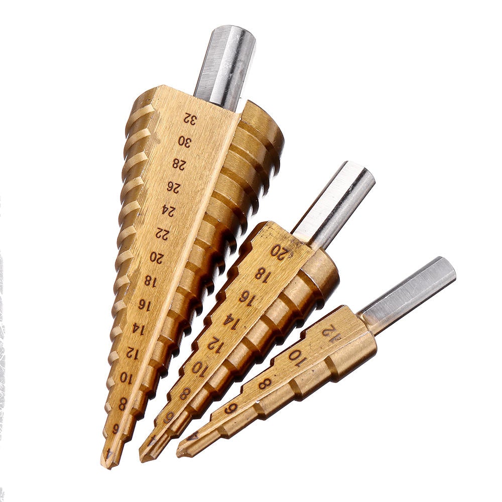 4pcs 4-12/20/32mm HSS Titanium Step Cone Drill Bit with Automatic Center Pin Punch