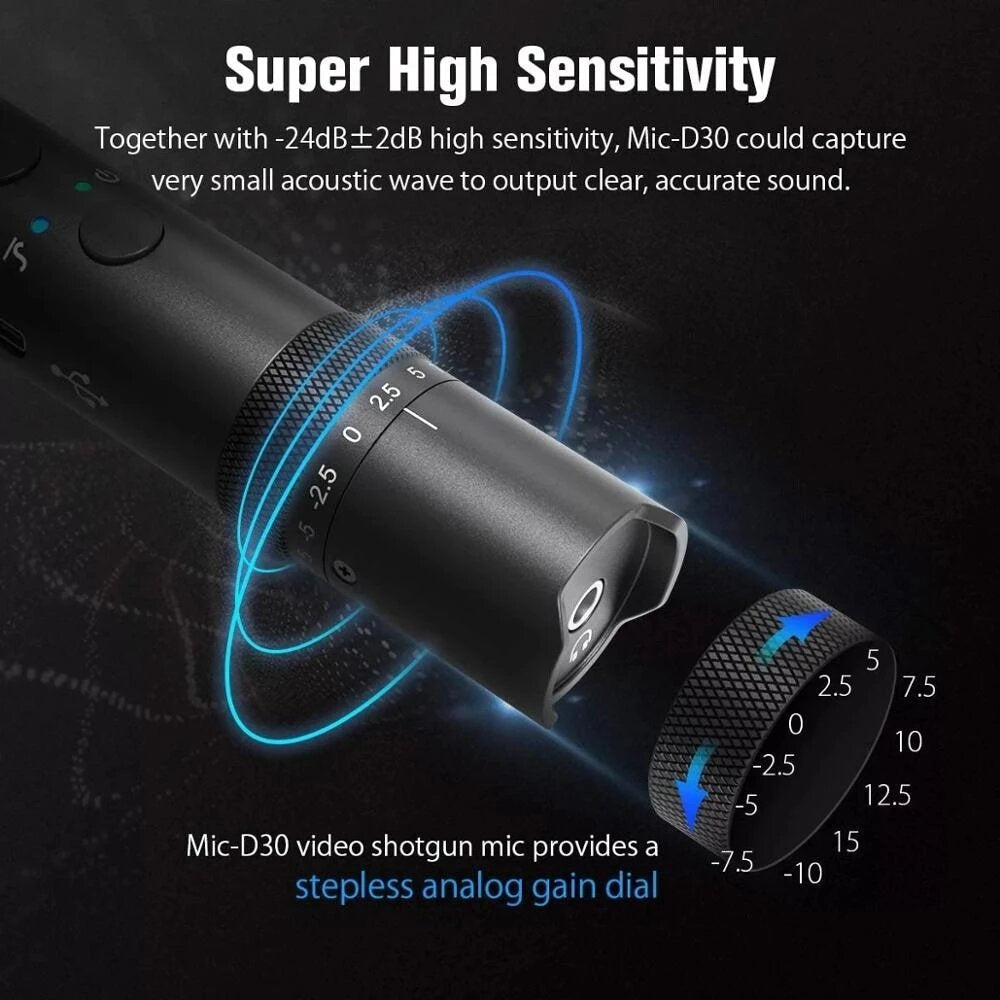 Directional Condenser Microphone with Overdrive Protection for DSLR Camcorder Interview