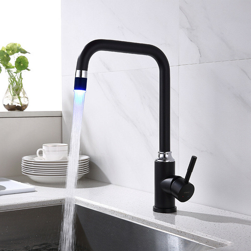Intelligent Anti-Scald LED 3 Colors Matte Black Swivel Kitchen Faucet Tap Solid Brass Mixer Basin Sink
