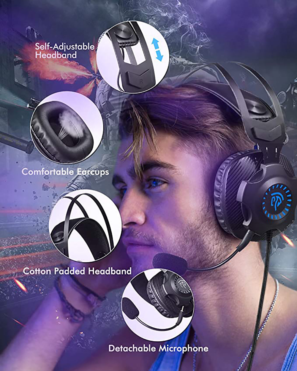 Gaming Headset with Automatic Cycling RGB LED lights Noise Cancelling Mic for PS4 Switch PC Laptop Tablets Phone