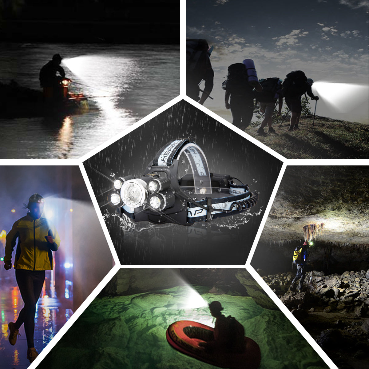 1000LM 5 LED Headlight 5 Modes Adjustable Flashlight IPX6 Waterproof Rechargeable Work Lamp Outdoor Camping Cycling