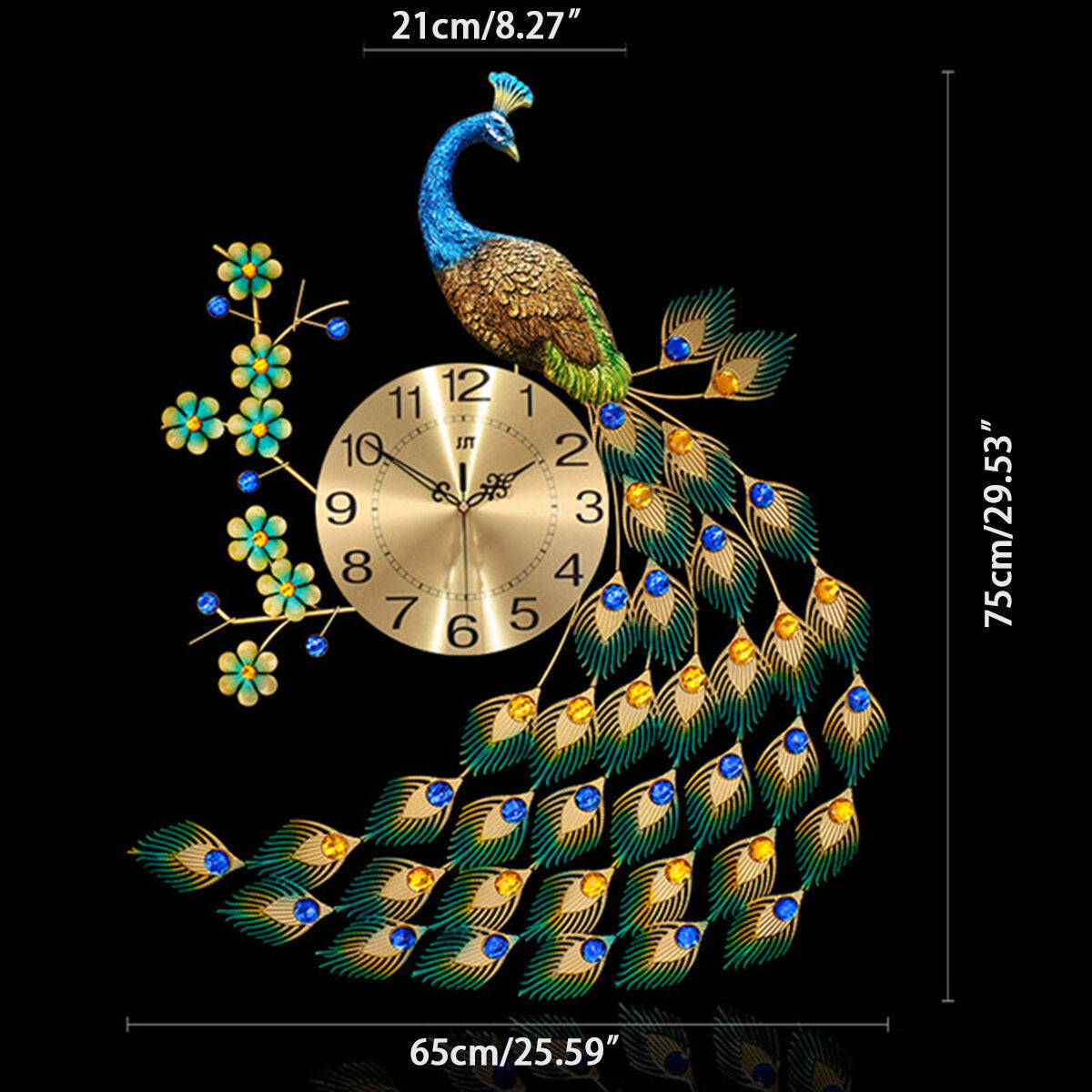 Home Large Metal Peacock Luxury Diamond Wall Mounted Clock Living Room Art Decor