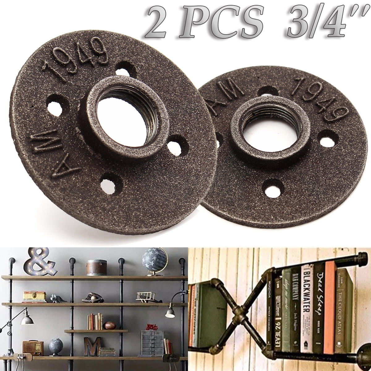 2pcs 3/4 Inch Black Malleable Iron Floor Flange Fitting Pipe NPT Antique Wall Flange Seat