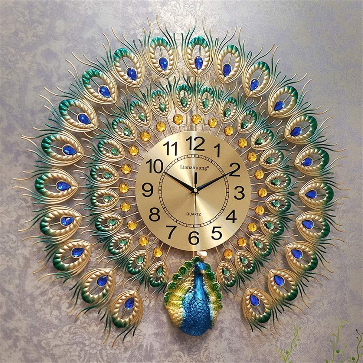 60x58cm Modern Peacock Clock Quartz Living Room Mute Wall Home Decor Xmas