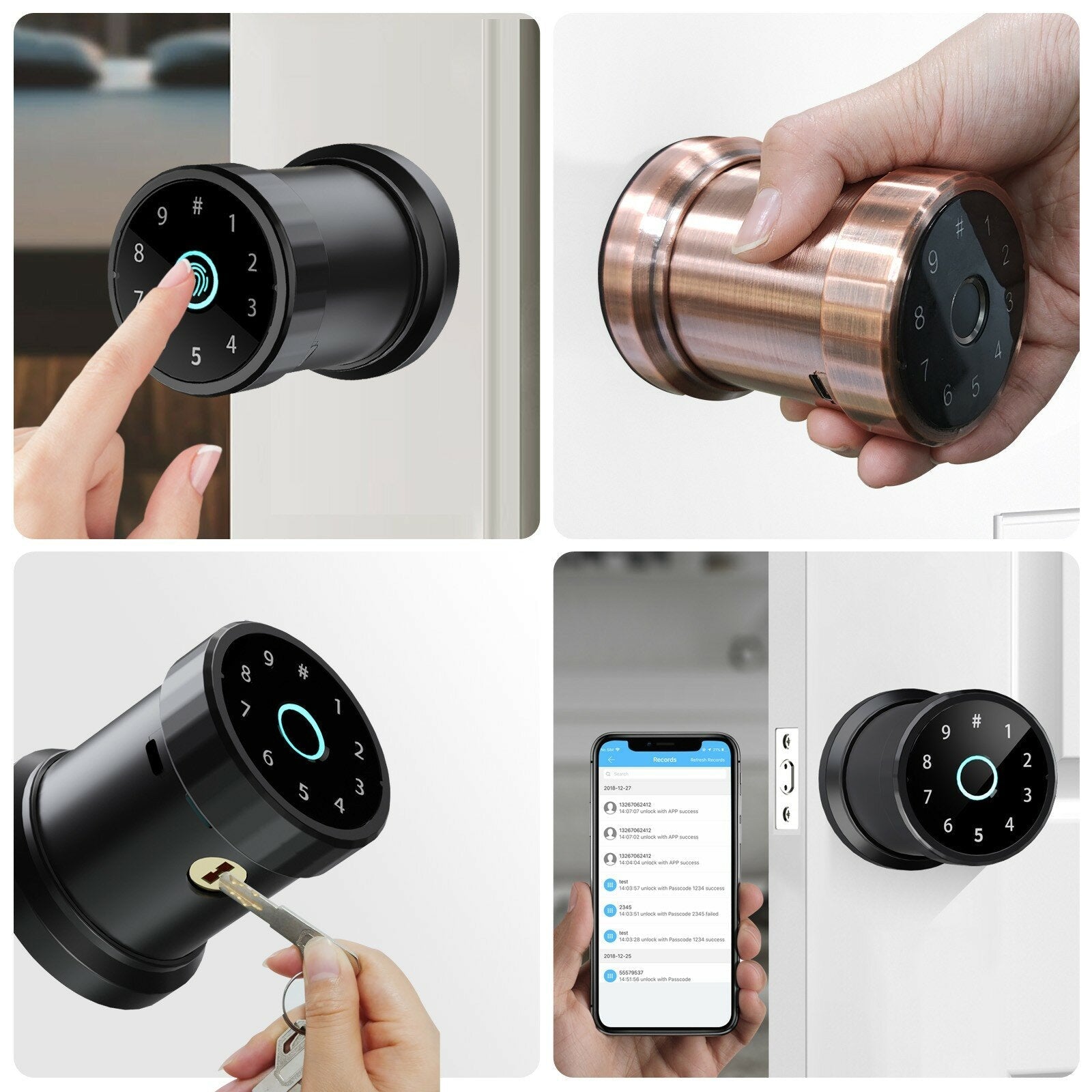 Smart Fingerprint Lock Keypad Door Knob With Key Entry Door Lock Code Locks Door Knob Auto Lock For Home Office Hotel Bedroom Garage