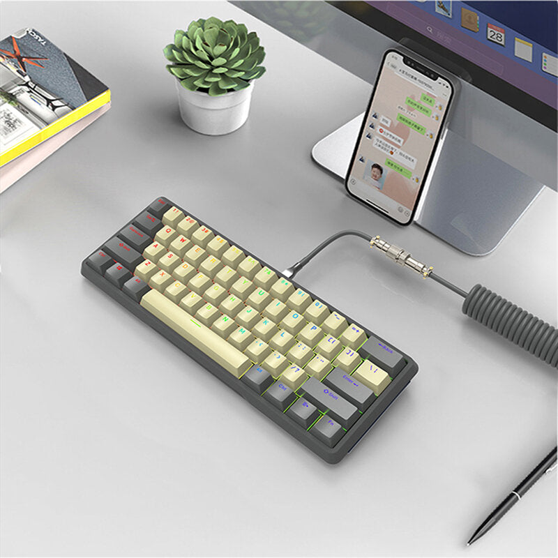 DIY 61 Key Gaming Mechanical Keyboard With Hot swappable OEM RGB Lighting Effect Coiled Cable Mini Wired Keyboard