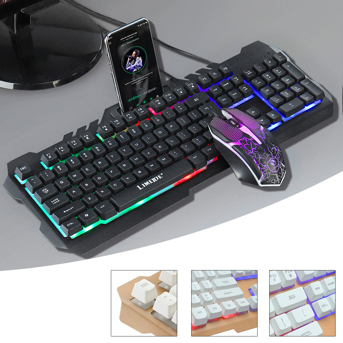 Wired Mechanical Keyboard & Mouse Set 104 Keys RGB Backlight Gaming Keyboard with Phone Holder 1600dpi Mouse