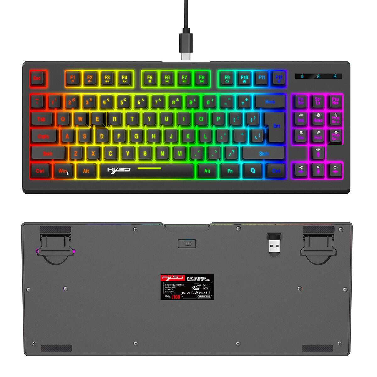 2.4G Wireless Keyboard 87 Keys Multimedia Function RGB Backlit Rechargeable Keyboard for Computer Laptop Home Office