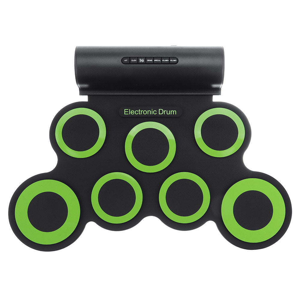 Portable Electronic Digital USB 7 Pads Roll up Set Silicone Green Electric Drum Kit with Drumsticks and Sustain Pedal