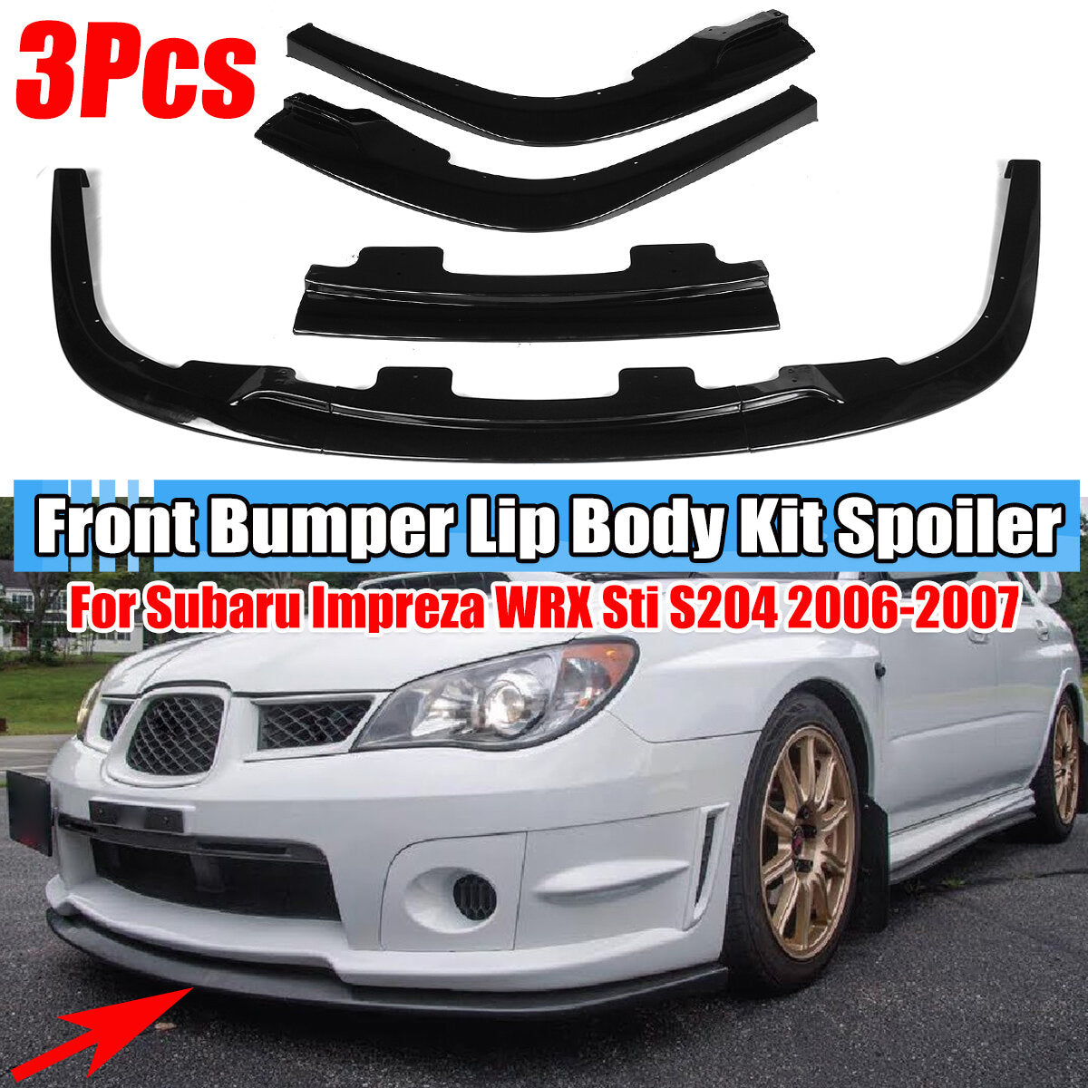 Front Bumper Lip Spoiler For Subaru Impreza WRX Sti S204 2006-2007 Glossy Black Splitter Cover Trim Body Kit 3PCS