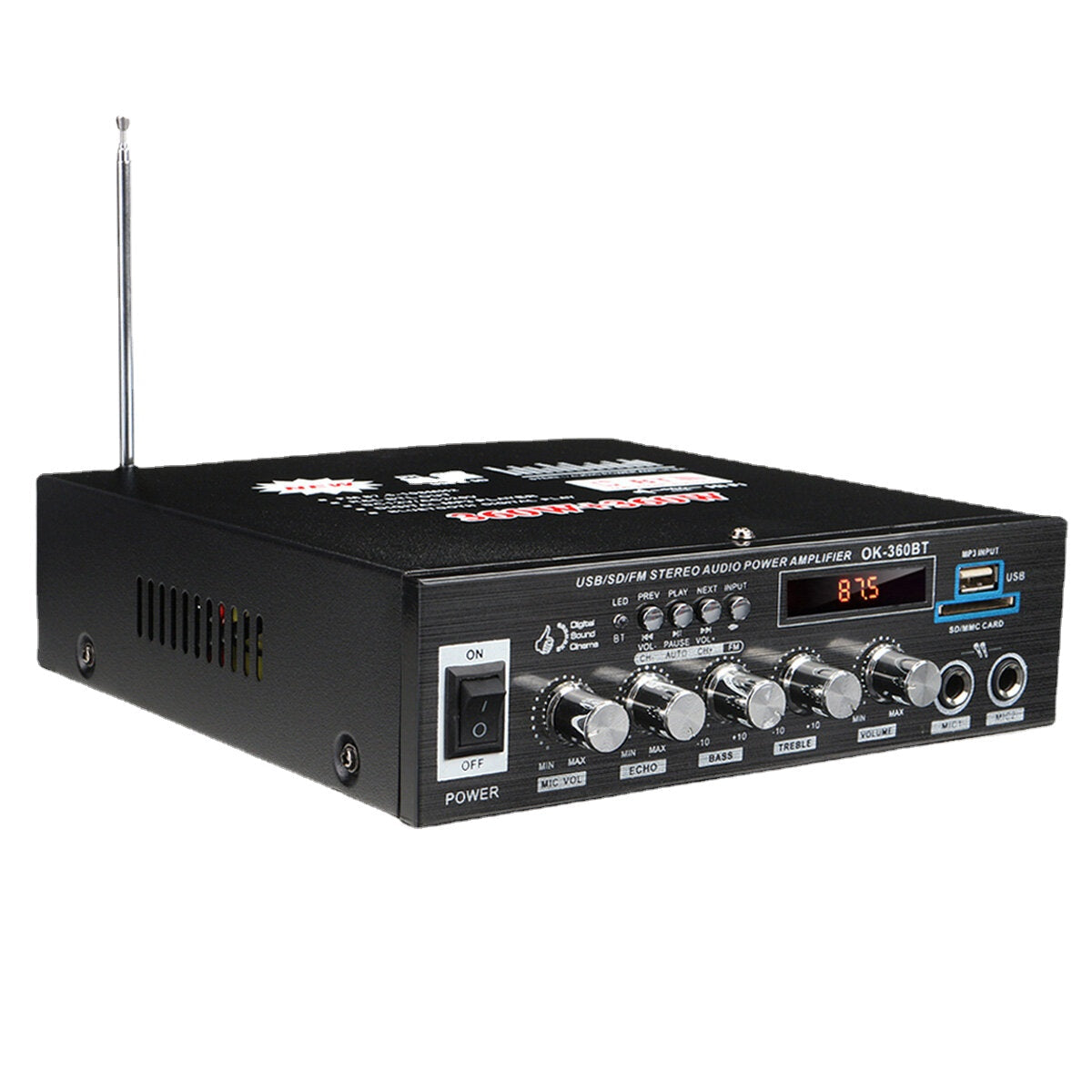 2CH Bluetooth Hi-Fi Stereo Power Amplifier Digital Audio Tuner Support FM Radio 2 Microphone USB SD Home Theater System Karaoke Car