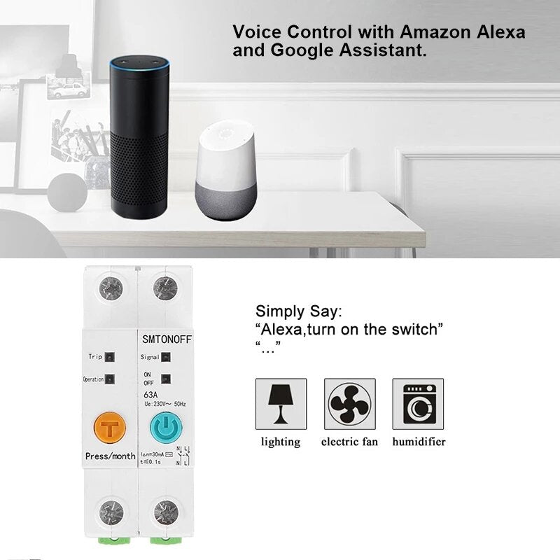 Single Phase Din Rail WIFI Smart Switch Energy Meter Leakage Protection Remote Read KWh Meter Wattmeter Works with Alexa Google 2P 63A