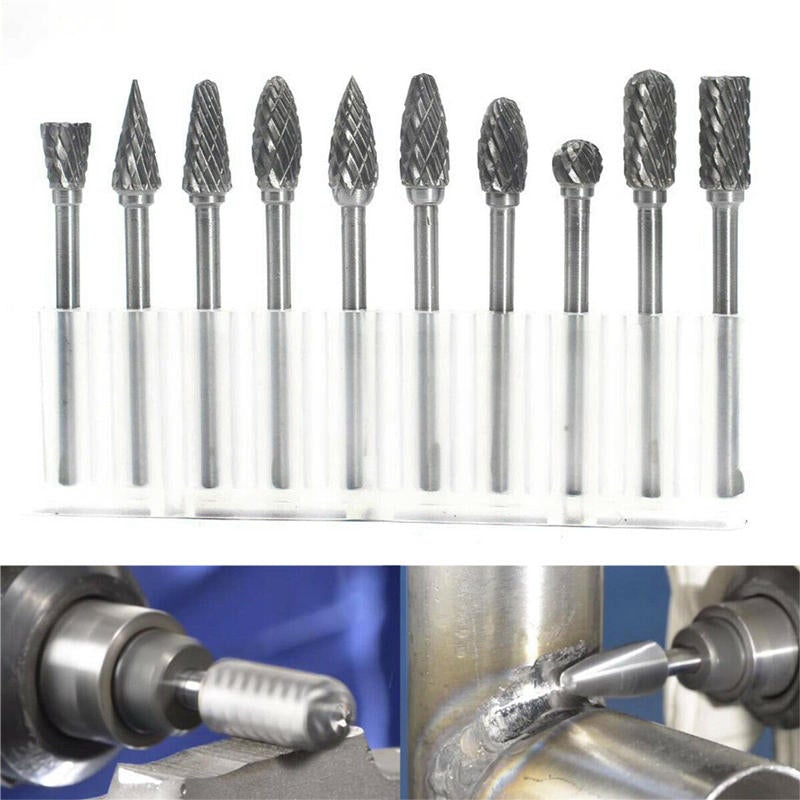 10Pcs Tungsten Carbide Double Cut Rotary File 1/8 Inch Shank Grinding Burr Set