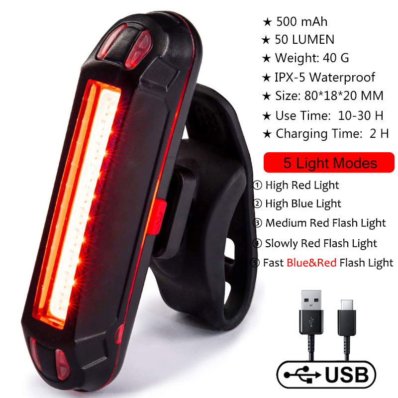 Waterproof Bike Tail 500mAh Rear USB Charging 5 Modes Flashlight With COB Lamp