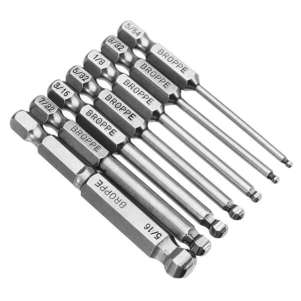 7pcs SAE 5/64-5/16 Inch 65mm Magnetic Ball Screwdriver Bit 1/4 Inch Hex Shank