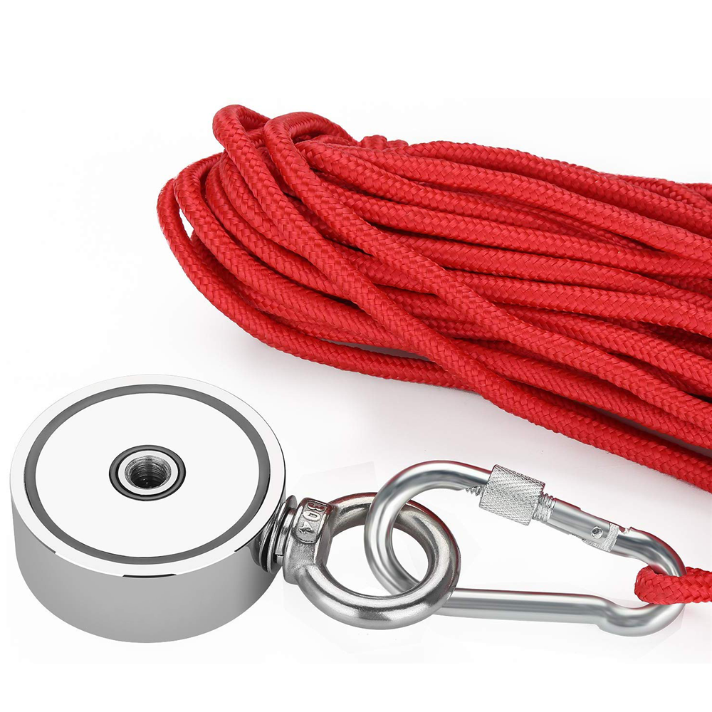 75mm Double Side Fishing Magnet with 10/20 Meters Rope and Glove 500kg Pulling Force Super Strong Neodymium Magnet with Heavy Duty Rope