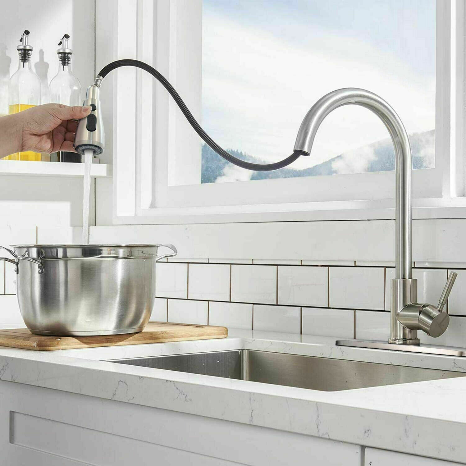 Kitchen Faucet With Pull Down Sprayer Brushed Nickel High Arc Single Handle Stainless Steel Hot Cold Mixer Tap Commercial Modern