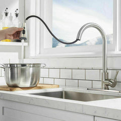 Kitchen Faucet With Pull Down Sprayer Brushed Nickel High Arc Single Handle Stainless Steel Hot Cold Mixer Tap Commercial Modern