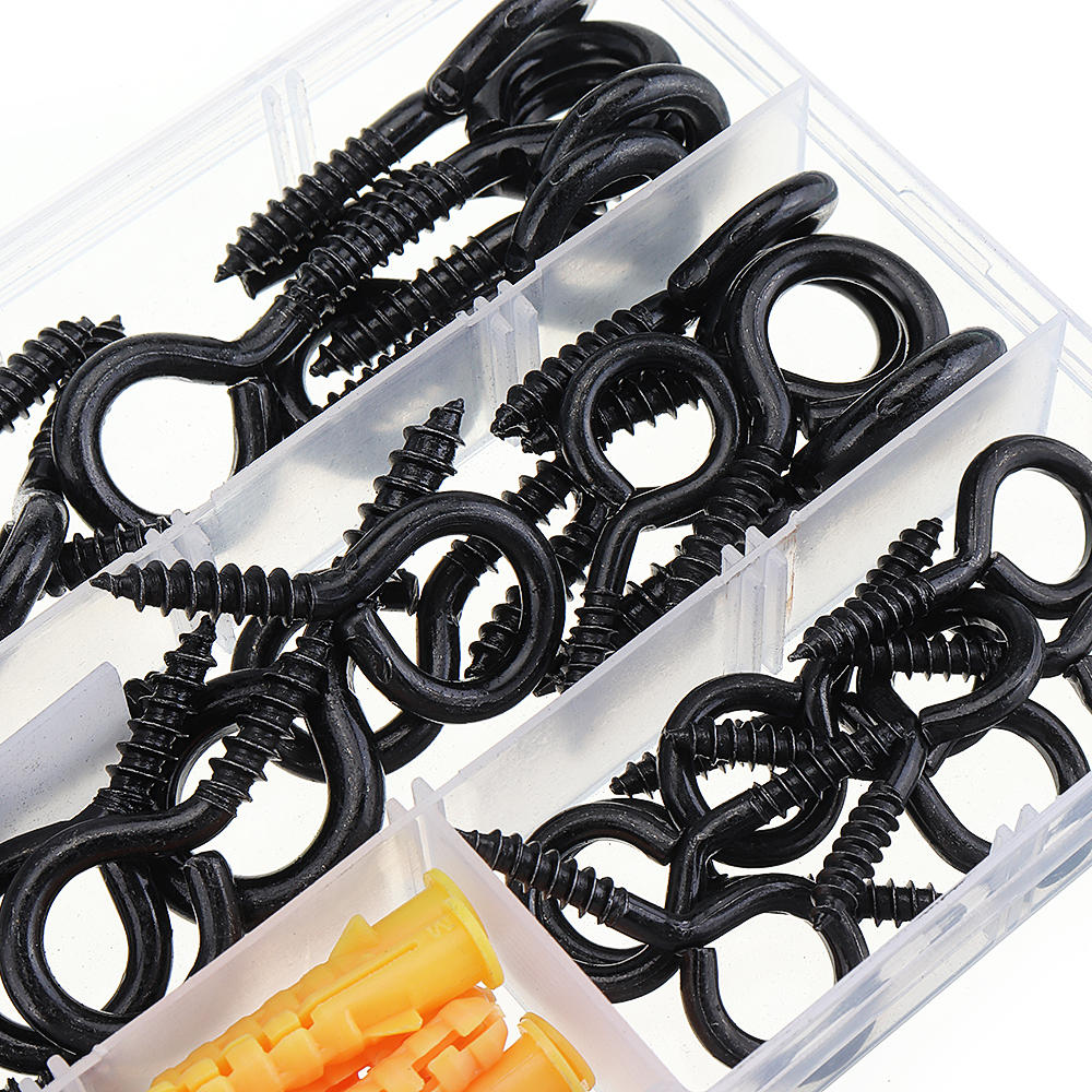 44Pcs Screw Eyes Zinc Plated Self Tapping Thread Eye Bolt Ring Hooks With Expansion Pipe Black