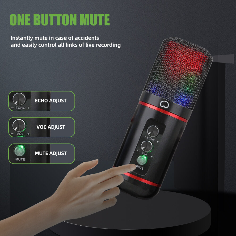 USB Microphone with RGB Breathing Light Capacitive for Live Streaming Recording Studio