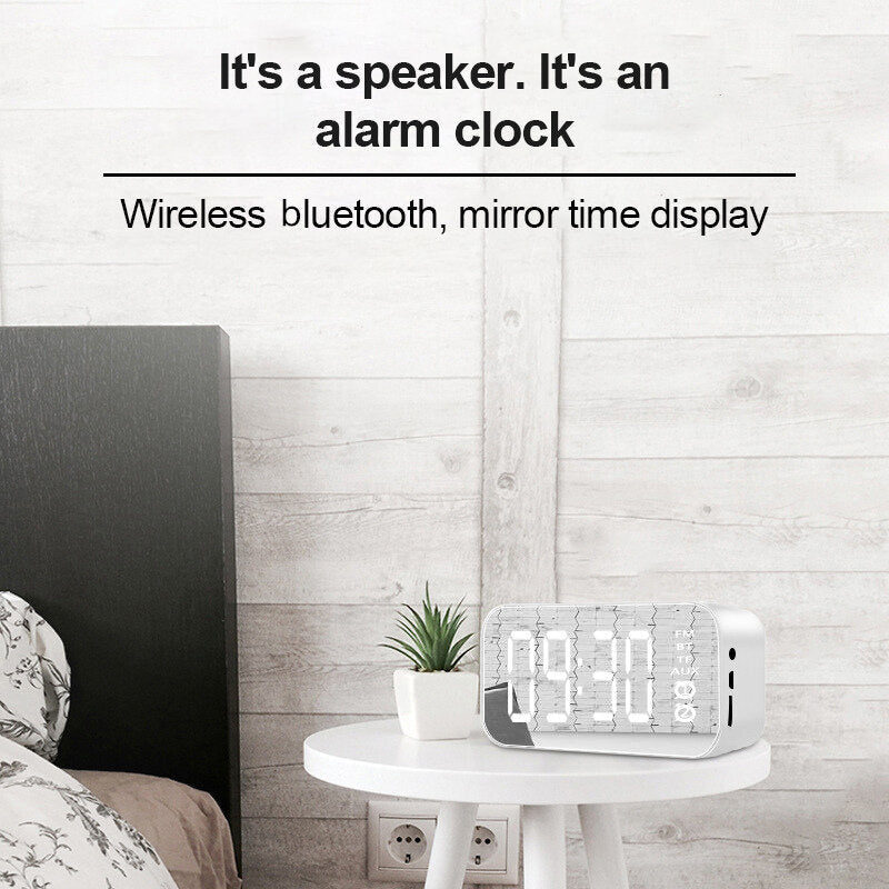 Wireless Bluetooth Speaker Mini LED Double Alarm Clock FM Radio TF Card AUX Soundbar Subwoofer with Mic