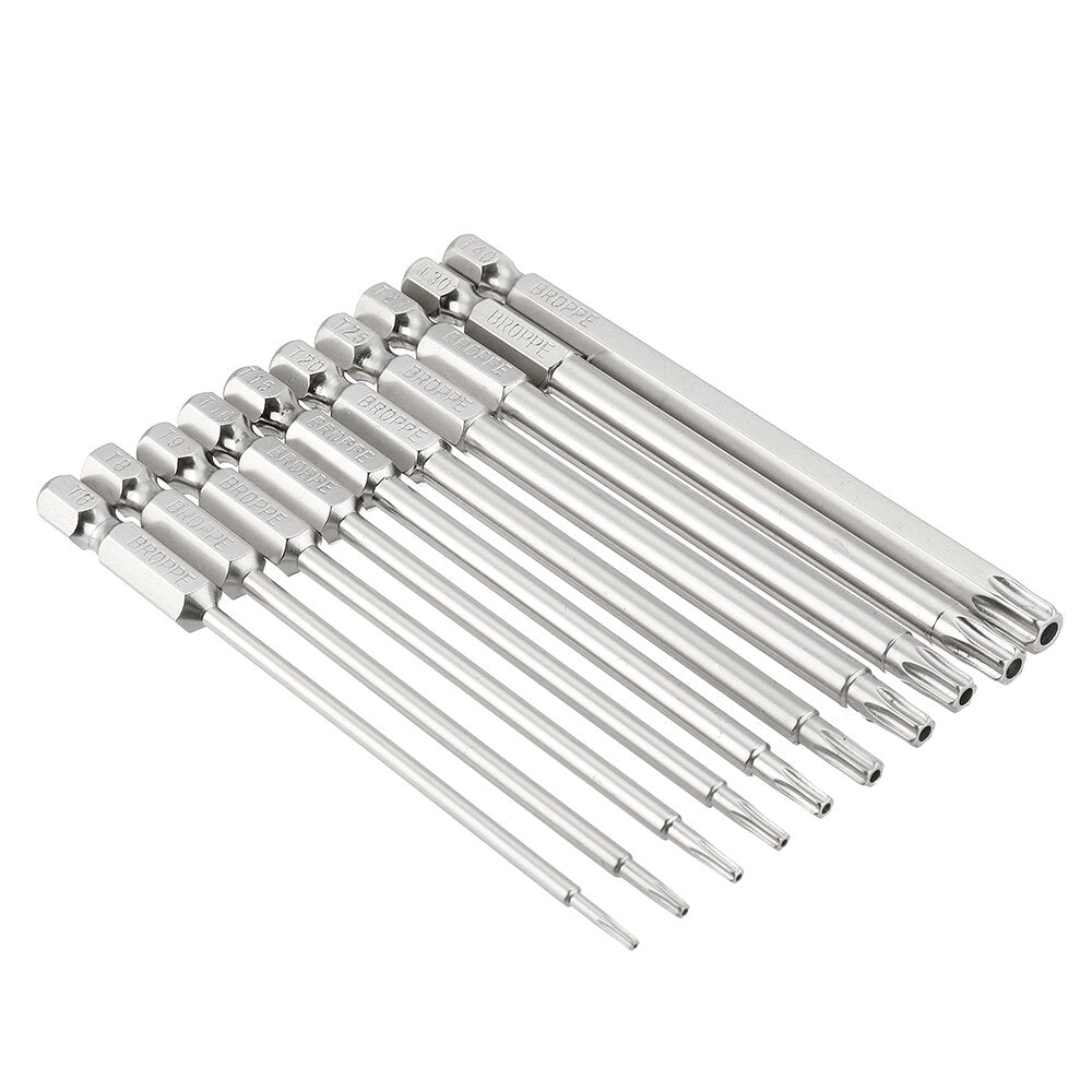 10Pcs S2 Alloy Steel T6-T40 100mm Magnetic Torx Screwdriver Bits 1/4 Inch Hex Shank