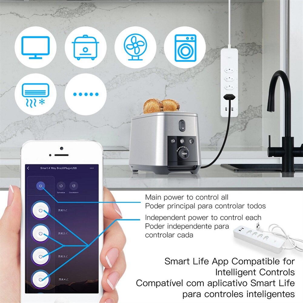 Smart Wifi Brazil Standard Socket 4 Outlets + 2 USB Charging Port + 1 Type-C App Remote Control Works with Alexa Google Home,110-240V